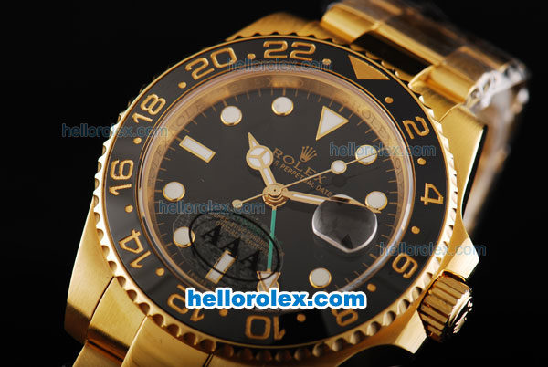 Rolex GMT-Master Oyster Perpetual Swiss ETA 2836 Automatic Movement Full Gold with Black Bezel and Black Dial - White Markers - Click Image to Close